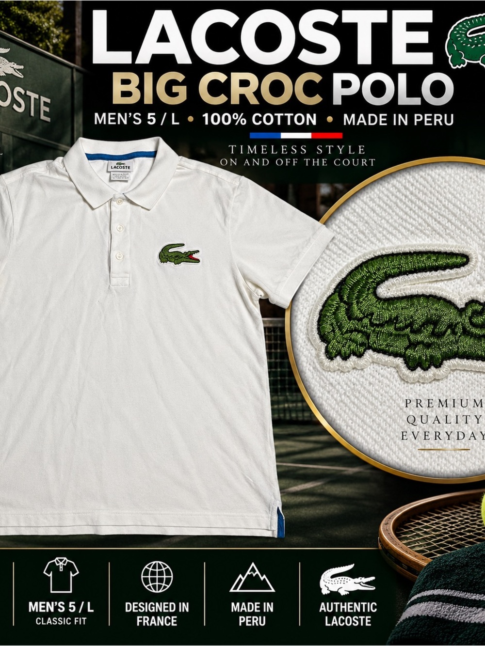 Lacoste Big Croc Polo Shirt Men’s 5 L White 100% Cotton Made in Peru Classic